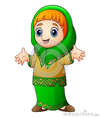 Happy muslim girl cartoon waving isolated on white background Vector Illustration