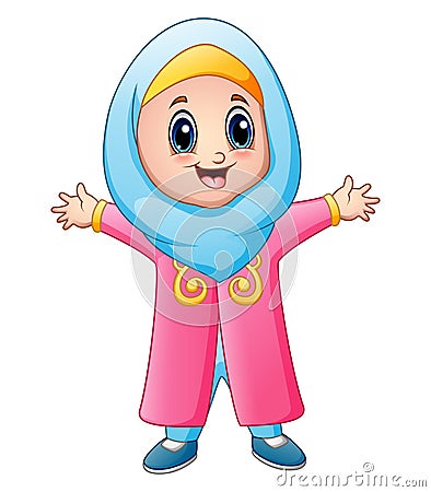 Happy muslim girl cartoon waving isolated on white background Vector Illustration