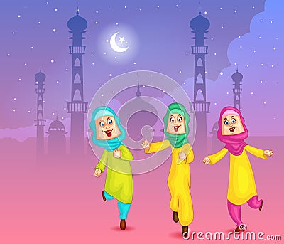 Happy muslim girls wishing Eid mubarak Vector Illustration
