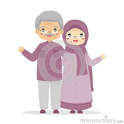 Happy Muslim Grandparent Couple Waving Hands Character Vector Vector Illustration