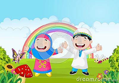 Happy muslim kid cartoon waving hand with rainbow Vector Illustration