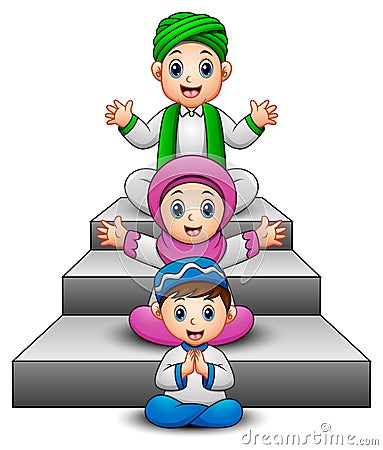 Happy Muslim kid cartoon waving hand sitting on the stair Vector Illustration