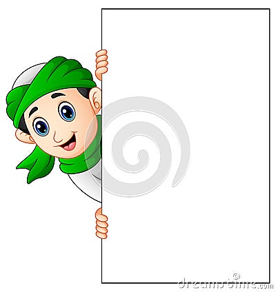 Happy muslim kid holding blank sign Vector Illustration