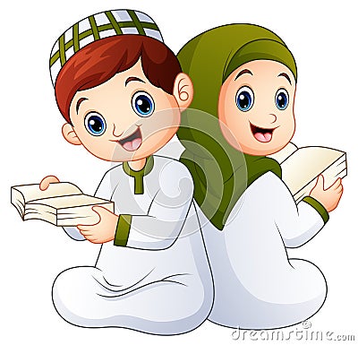 Happy Muslim kid holding Quran Vector Illustration