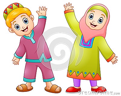 Happy muslim kids cartoon for celebrate eid mubarak Vector Illustration