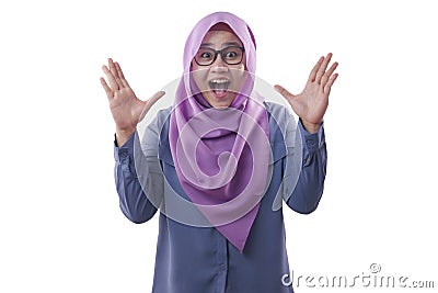 Happy Muslim Lady Shows Shocked Surprised Face with Open Mouth Stock Photo