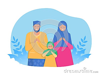 Happy Muslim parents and child pray on religious holiday characters on cartoon flat vector web banner Vector Illustration