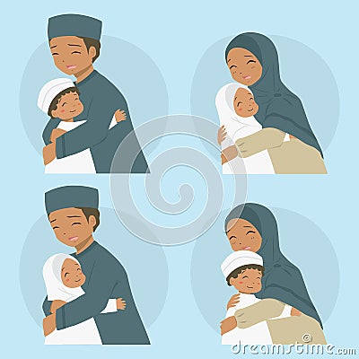 Happy Muslim Parents Hugging Their Children Vector Set Vector Illustration