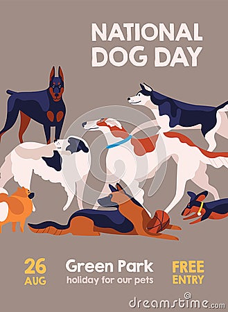 Happy National Dog Day 26 august poster vector flat illustration. Different breed of cartoon dogs show isolated on gray Vector Illustration