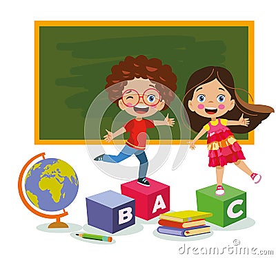 Happy naughty kids having fun in school classroom Vector Illustration