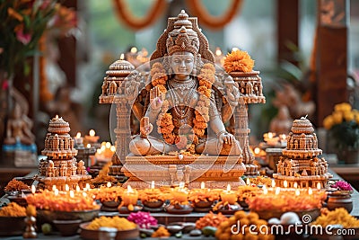 Happy Navrati Concept. Mythological Durga Idol Statue During Navrati Festival India extreme closeup. Generative AI Stock Photo