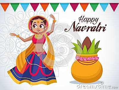 Happy navratri celebration card lettering with beautifull woman dancing Vector Illustration