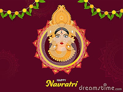 Happy Navratri Celebration Concept With Hindu Mythology Goddess Durga Maa Face And Floral Garland Toran On Claret Mandala Stock Photo