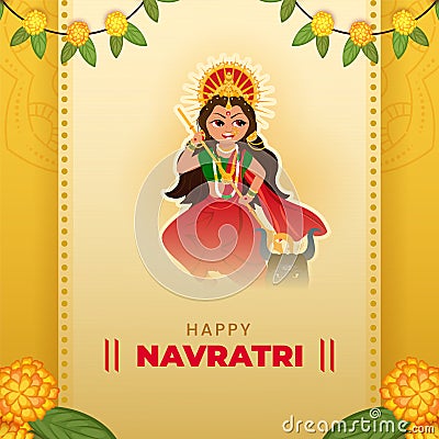 Happy Navratri Celebration Greeting Card With Sticker Style Goddess Durga Maa Killing Mahishasura Demon And Marigold Flowers, Stock Photo