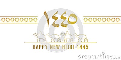 Happy new hijri year 1445 background with arabic letter, people on camel and muslim ornament. Islamic banner poster Vector Illustration