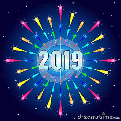 Happy New 2019. Multi-color Fireworks Shape. Vector Illustration