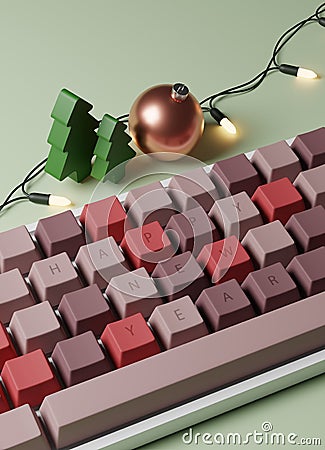 Happy New Yaer Text on Computer Keyboard with Decoration on the Desk. Cartoon Illustration