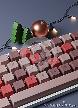 Happy New Yaer Text on Computer Keyboard with Decoration on the Desk. Cartoon Illustration