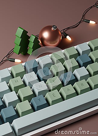 Happy New Yaer Text on Computer Keyboard with Decoration on the Desk. Cartoon Illustration