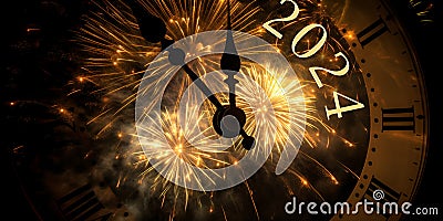 Happy New Year 2024 clock face shows New Year's Eve with fireworks in the background Stock Photo