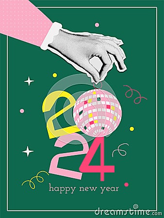 Happy New Year 2024 collage in trendy groovy collage style. Halftone hand holding number 2024 with mirror ball. Retro Vector Illustration