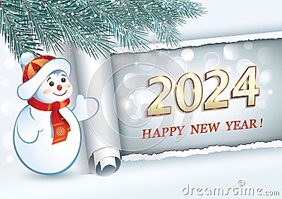 Happy New Year 2024. Greeting card with cheerful snowman on background of poster in the form of rolled paper with the date 2024. Vector Illustration