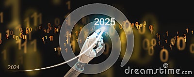 Happy new year 2025. Artificial intelligence, Ai, Robotic hand draws a rising curve, graph, from 2024 to 2025 reflecting the Stock Photo