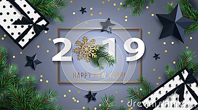 Happy New Year 2019 background with black stars, gifts boxes, shining gold snowflake, and fir branches. Vector Illustration