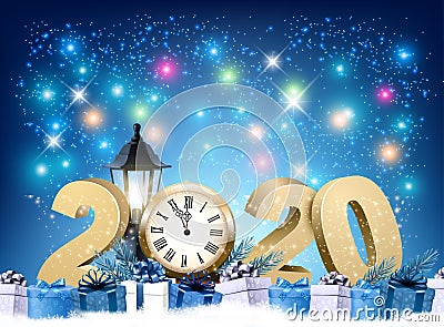 Happy 2020 New Year background with colorful presents and firework. Vector Illustration