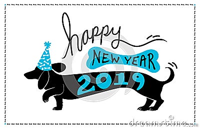 Happy New Year 2019 background design with cute fun dachshund doxie dog wearing blue party hat with bone pattern and 2019 typograp Vector Illustration