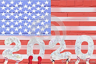 Happy new year 2020 on the background of the flag of America, with a copy of the space for text, for a holiday card Stock Photo