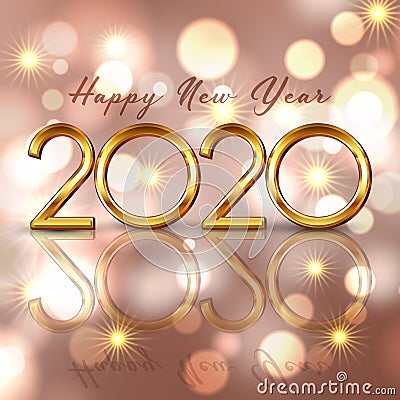 Happy New Year background with gold lettering and bokeh lights design Vector Illustration