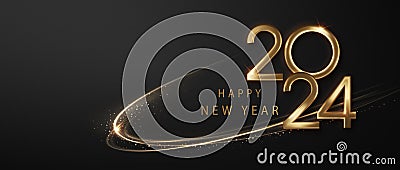 2024 Happy New Year background with golden waves swirl with golden sparkles on black background. Abstract shiny color Vector Illustration