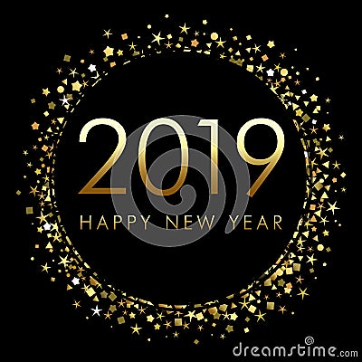 2019 Happy New Year background with number and golden glitter. Vector Illustration