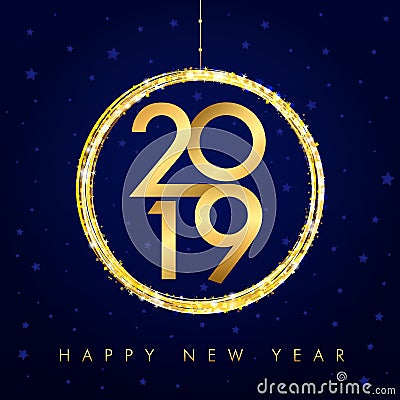 2019 Happy New Year background with number and golden glitter. Vector Illustration