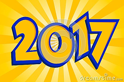 2017 Happy New Year background over orange sun rays. Blue yellow trendy colors. Stock Photo