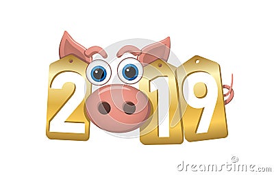 Happy New Year background. Pink pig 3D, gold sale tags. Golden 2019 numbers. Piggy snout. Chinese design decoration Vector Illustration