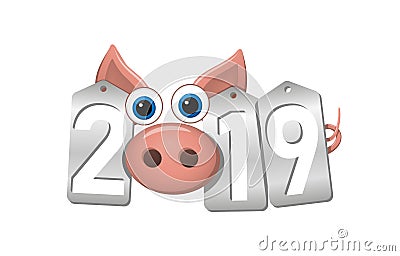 Happy New Year background. Pink pig 3D, silver sale tags. 2019 numbers. Piggy snout. Chinese design decoration Vector Illustration