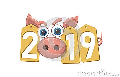 Happy New Year background. Pink pig, gold sale tags. Golden 2019 numbers. Piggy snout. Chinese design decoration Vector Illustration