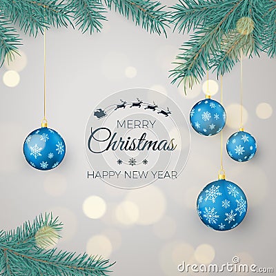 Happy New Year Background for Seasonal Greetings Cards and Banners. Blue Christmas Balls Hanging on Pine Branches Vector Illustration