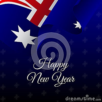 Happy New Year banner. Australia waving flag. Snowflakes background. Stock Photo