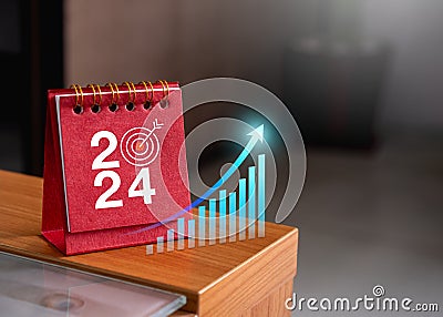 Happy new year 2024 banner background. Virtual rising growth graph and 2024 numbers year with target icon. Stock Photo