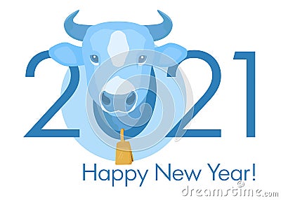 Happy 2021 new year banner. Blue cow head with gold bell on the neck. Vector illustration. Vector Illustration