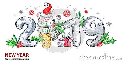 2019 Happy New Year banner. Cute pig with Santa hat in waffle cone and numbers. Greeting watercolor illustration. Symbol Cartoon Illustration