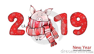 2019 Happy New Year banner. Cute pig in winter scarf with numbers. Watercolor illustration. Symbol of winter holidays Cartoon Illustration