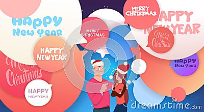 Happy New Year Banner With Man And Woman In Santa Hats Over Abstract Chat Bubbles Merry Christmas Poster Vector Illustration