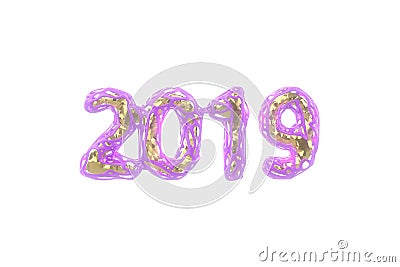 Happy New Year Banner with 2019 Numbers made by pink plastic wire and gold core inside isolated on white Background with Cartoon Illustration
