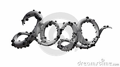 Happy New Year Banner with 2020 Numbers made by sugar white caramel and black Bchocolate balls isolated on white Cartoon Illustration