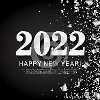 2022 Happy New Year Banner with Silver Numbers on black Background with scattering sequin, foil paper confetti, serpentine. Vector Vector Illustration
