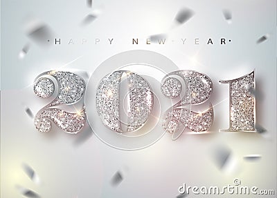 Happy New Year Banner with Silver 2021 Numbers on Bright Background with Flying Confetti and Streamers. Vector Vector Illustration